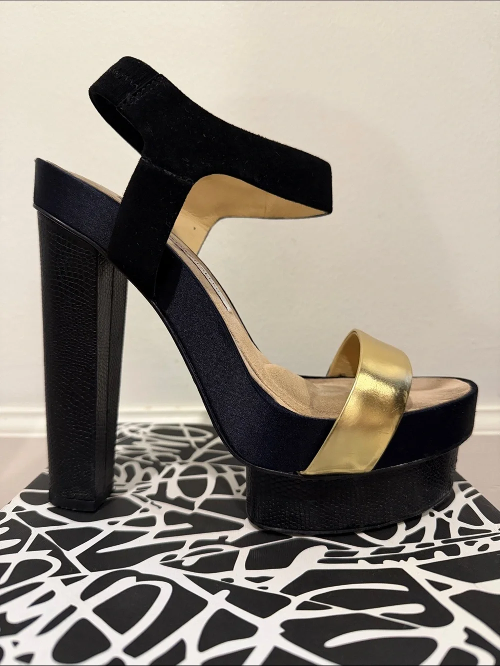 Diane Von Furstenberg Black and Gold Platform Block Heel Sandals